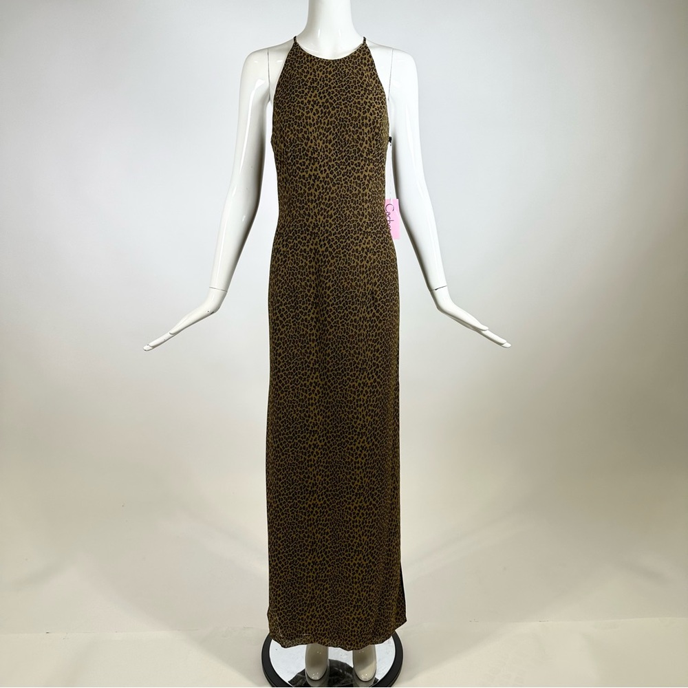 80’s NWT Cachet Dress Maxi Halter Neck Backless Leopard Print Black Yellow 4